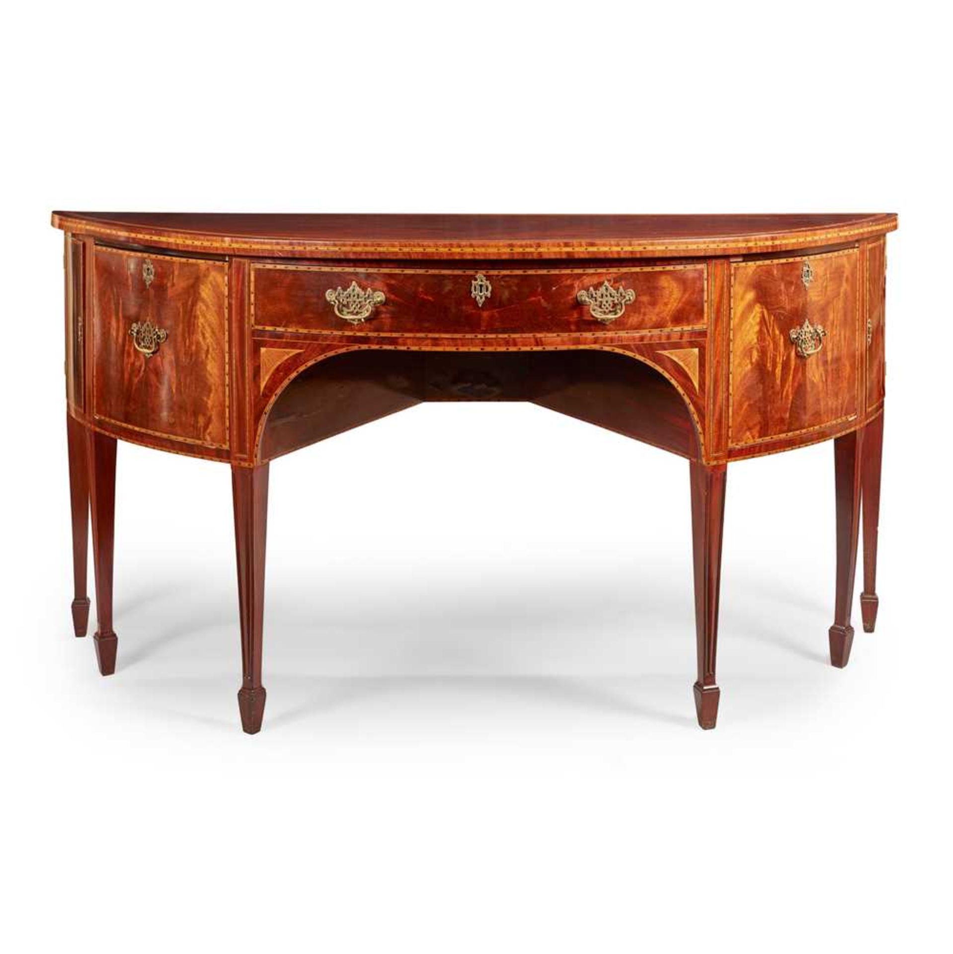 A GEORGIAN STYLE MAHOGANY AND SATINWOOD CROSSBANDED BOWFRONT SIDEBOARD MID 19TH CENTURY
