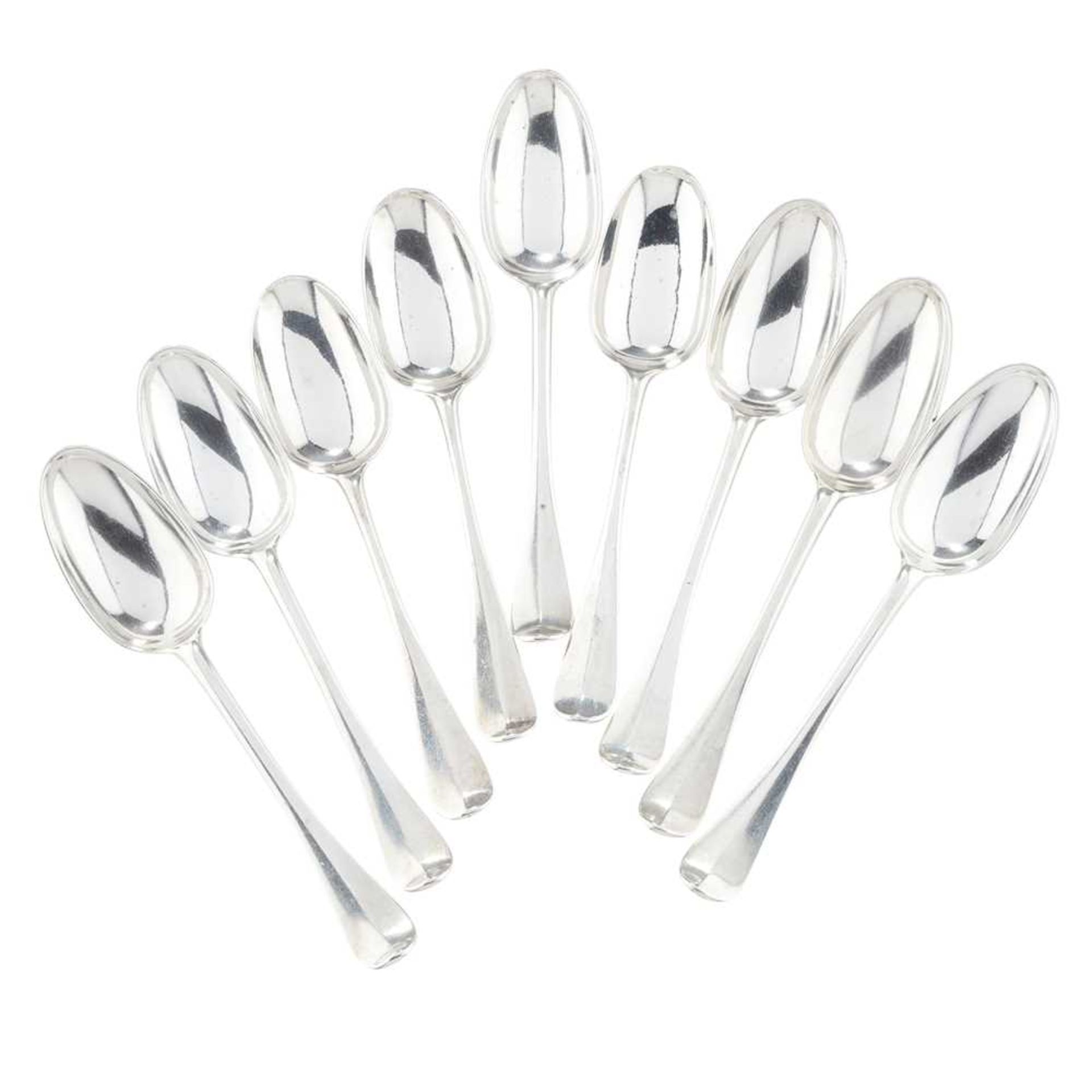 A MATCHED SET OF NINE GEORGE III SCOTTISH PROVINCIAL TABLESPOONS SIX BY JAMES GLEN, GLASGOW CIRCA 17