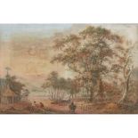 ATTRIBUTED TO PAUL SANDBY AN EXTENSIVE WOODED RIVER LANDSCAPE WITH FIGURES
