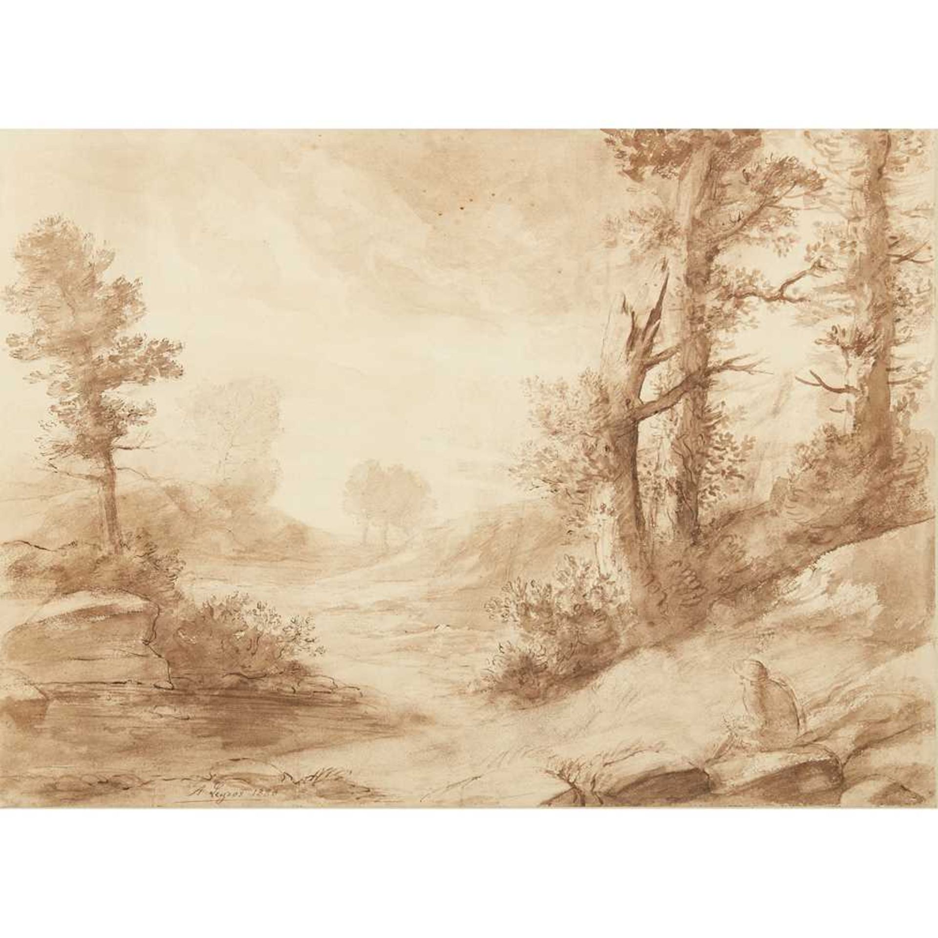 ALPHONSE LEGROS (FRENCH 1837-1911) A WOODED LANDSCAPE WITH FIGURE SKETCHING