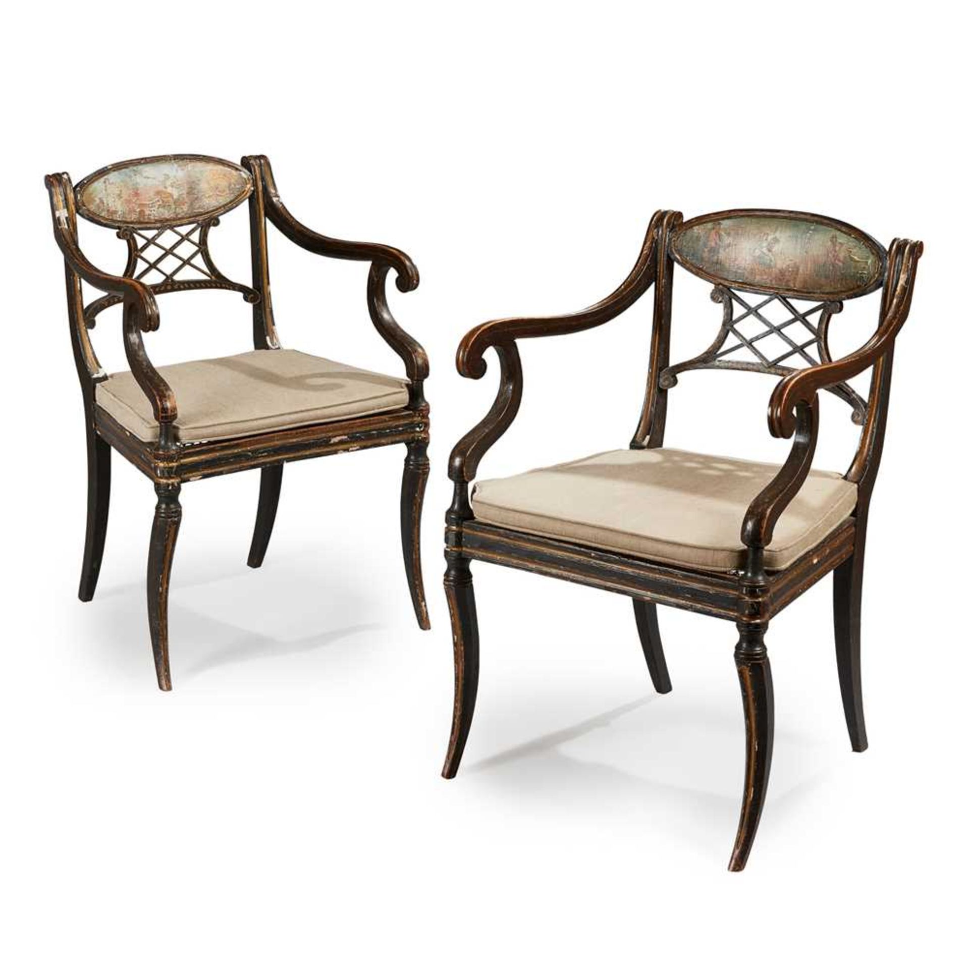 A PAIR OF EARLY REGENCY EBONISED, PAINTED AND GILT OPEN ARMCHAIRS EARLY 19TH CENTURY