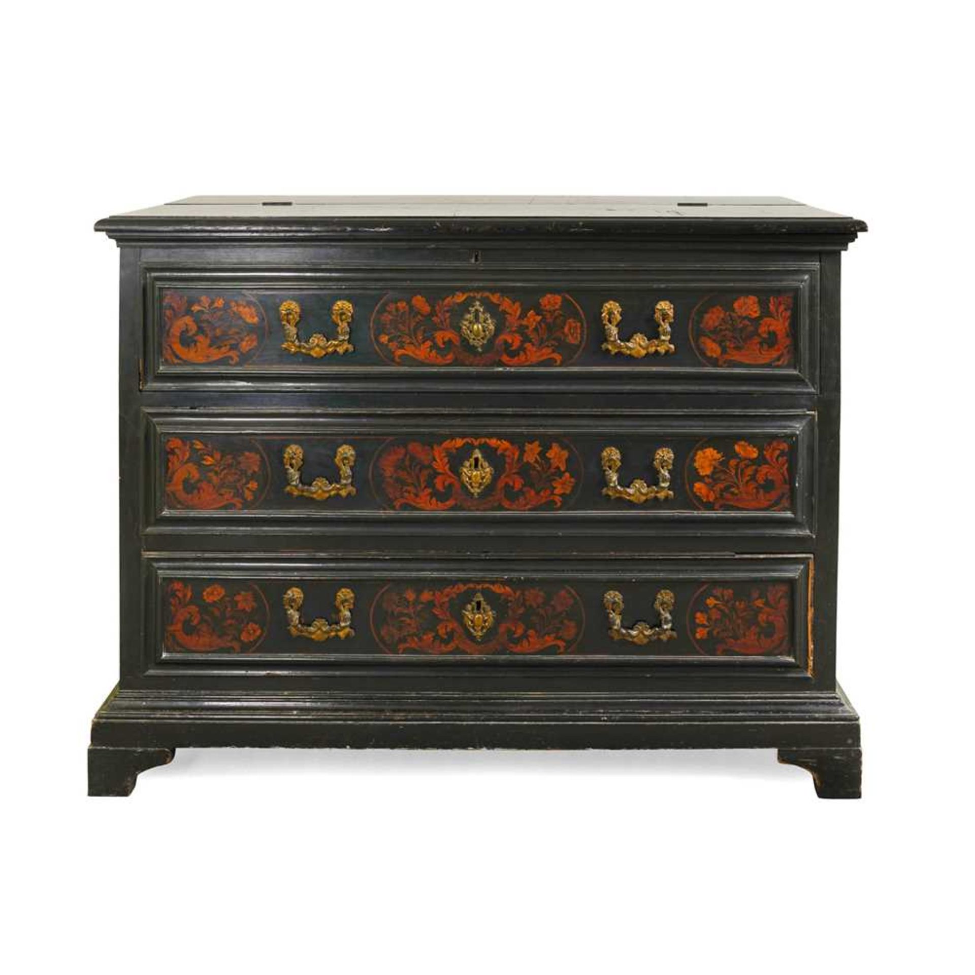 A FLEMISH EBONISED AND MARQUETRY SECRETAIRE CHEST 18TH CENTURY