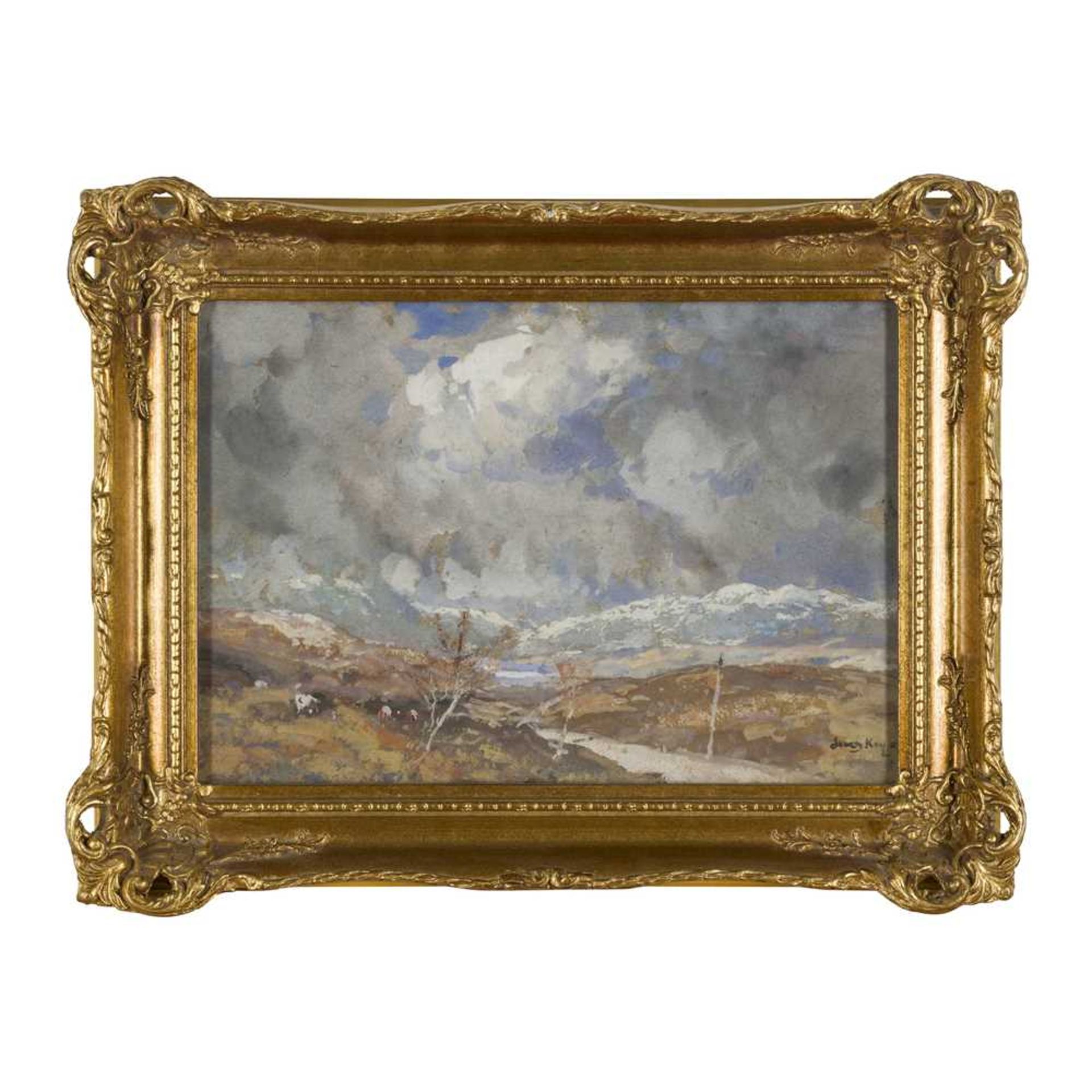 JAMES KAY R.S.A., R.S.W. (SCOTTISH 1858-1942) SNOW ON THE MOORS - Image 2 of 3