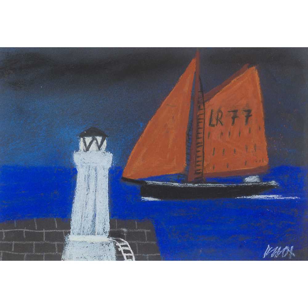 JACK KNOX R.S.A., R.S.W., R.G.I. (SCOTTISH 1936-2015) LIGHTHOUSE AND BOAT, LA ROCHELLE