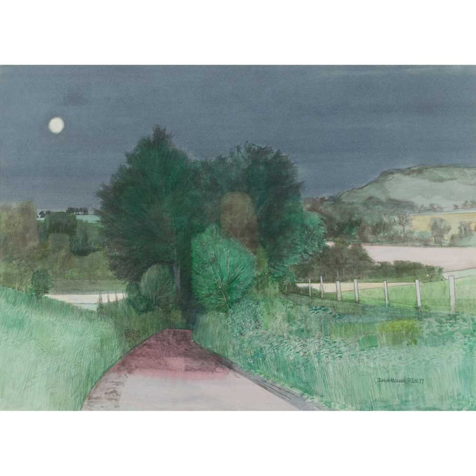 JOSEPH MAXWELL R.W.S (SCOTTISH 1925-2015) COUNTRY ROAD BY MOONLIGHT