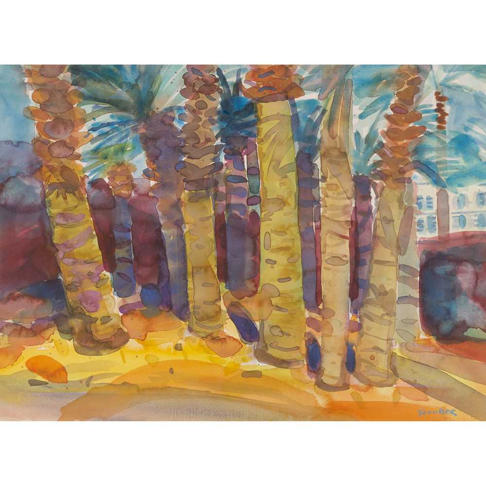 GLEN SCOULLER R.S.W., R.G.I. (SCOTTISH 1950-) PALM TREES