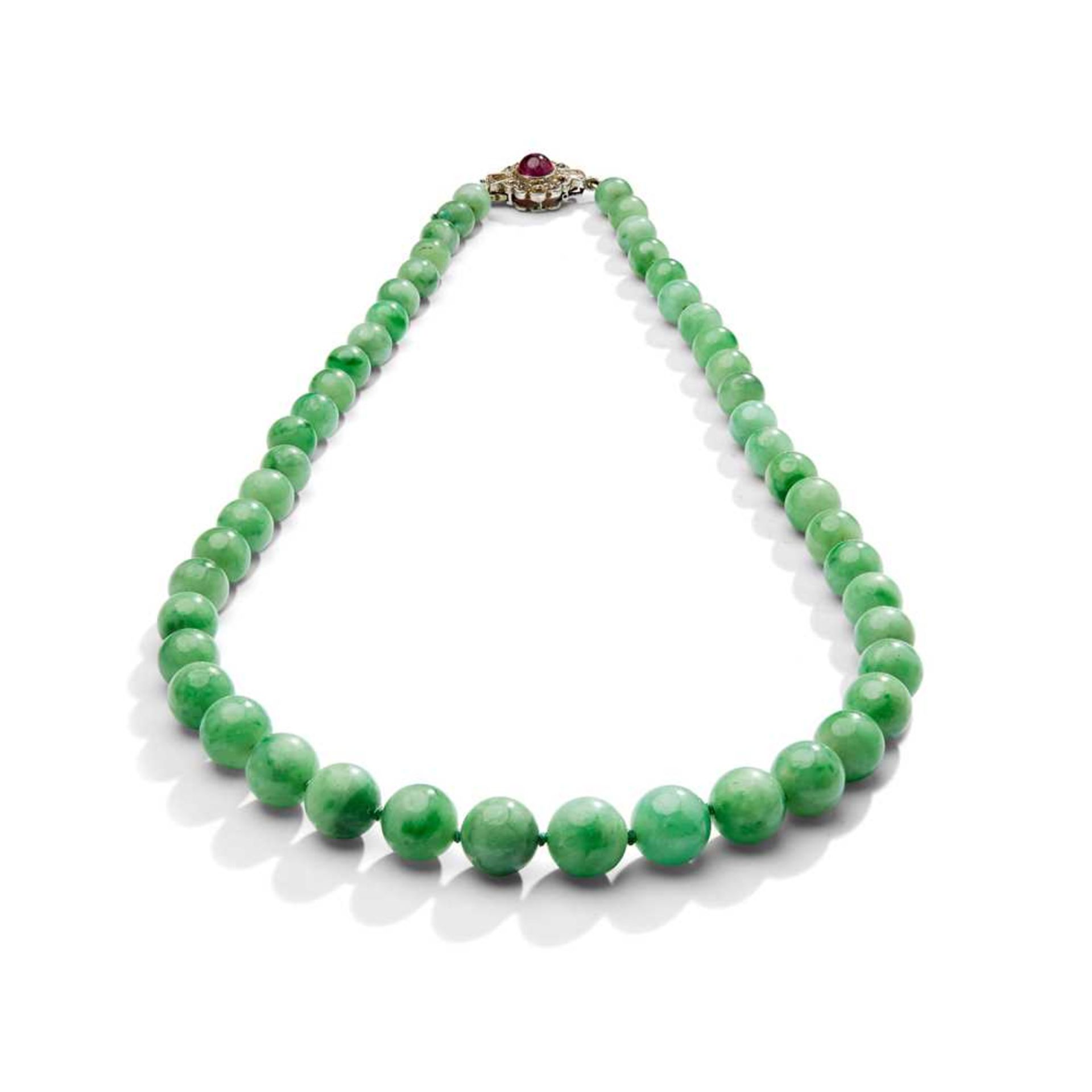 An early 20th century jadeite jade, ruby and diamond necklace, circa 1930 - Image 2 of 2