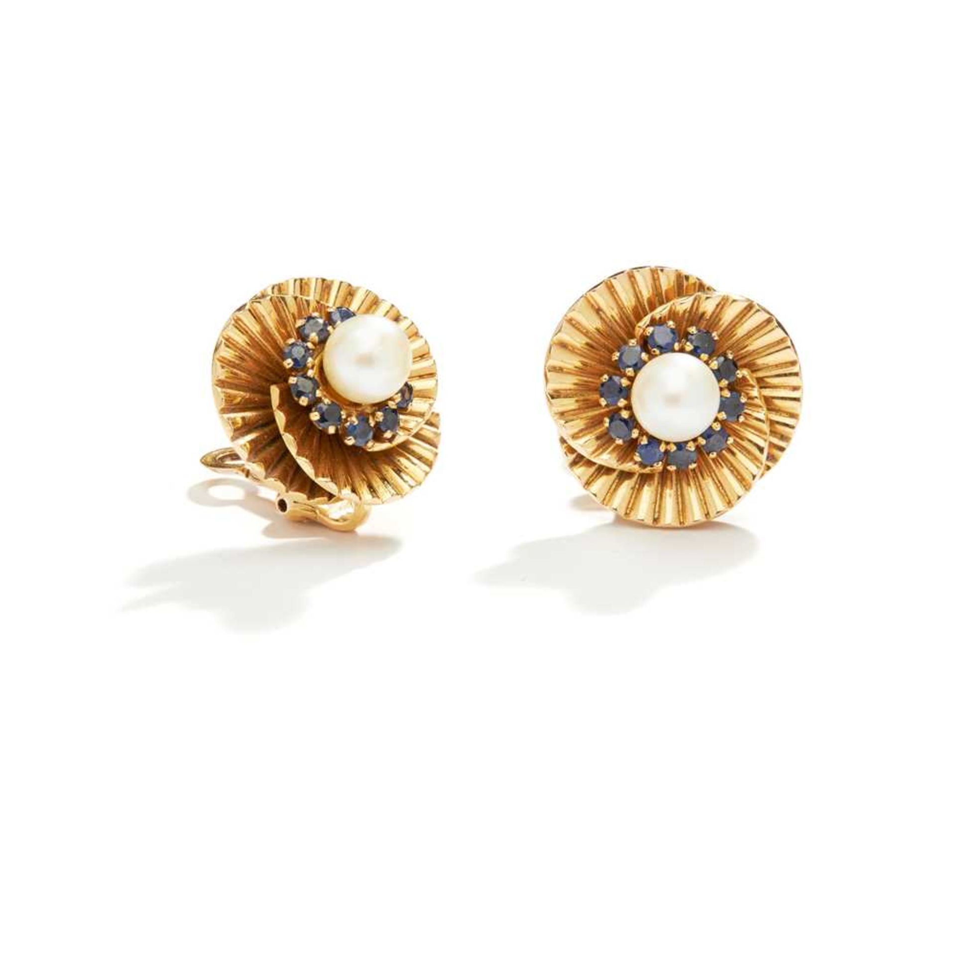 A pair of sapphire and cultured pearl earrings, circa 1950