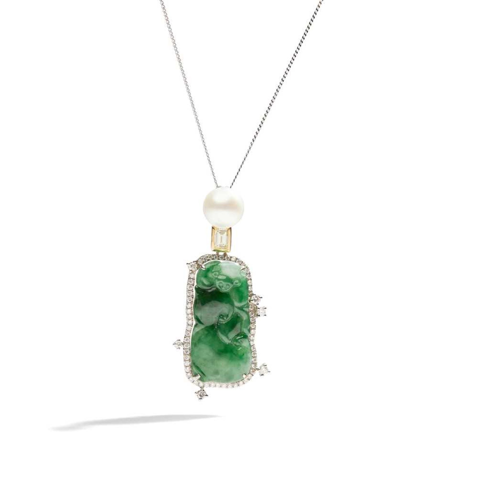 A jadeite jade, diamond and cultured pearl pendant necklace - Image 2 of 2