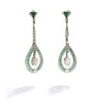 A pair of early 20th century emerald and diamond pendent earrings, circa 1910