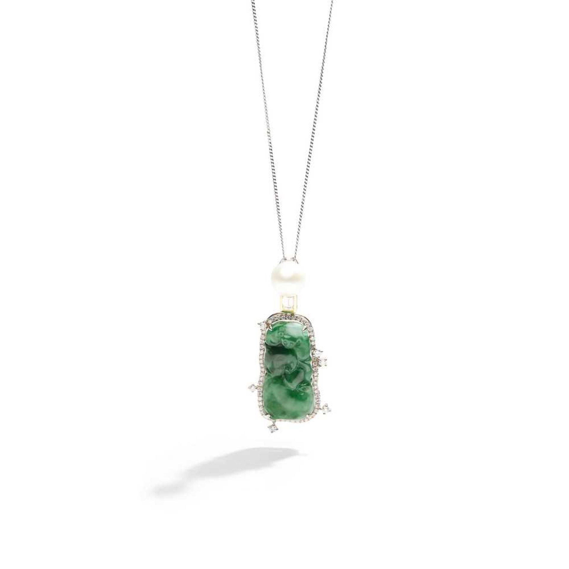 A jadeite jade, diamond and cultured pearl pendant necklace