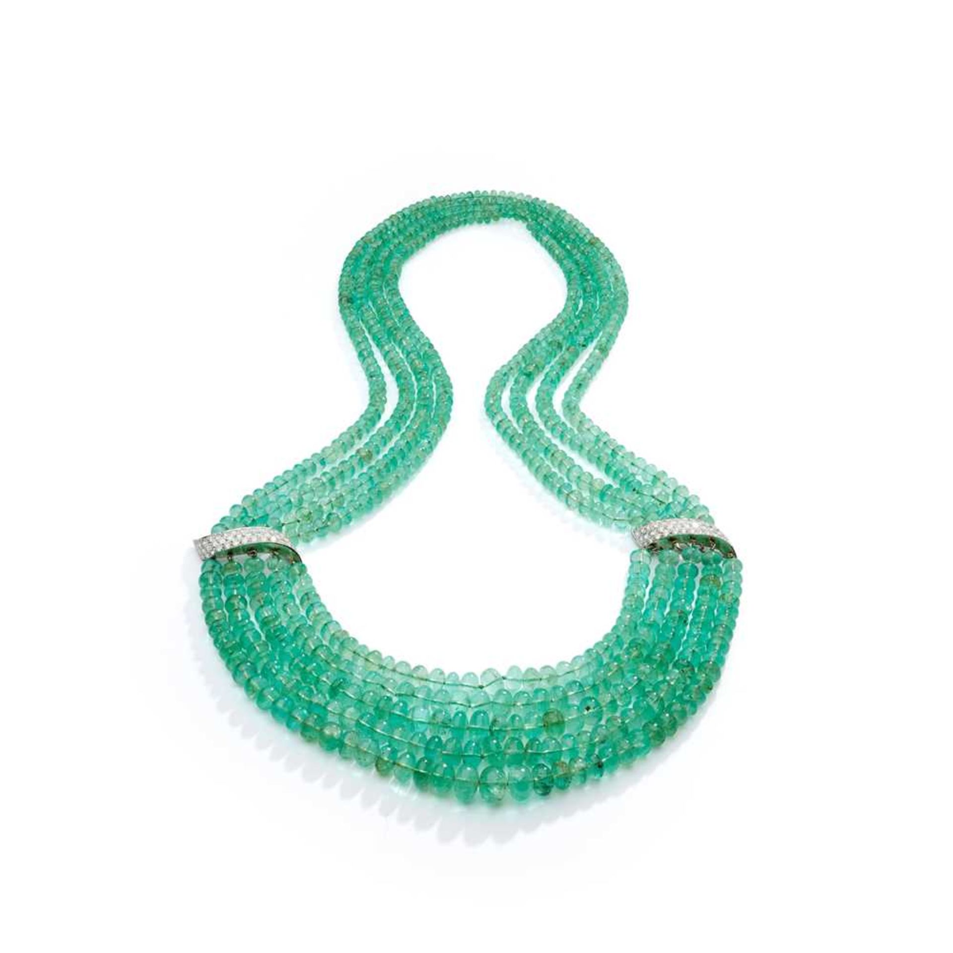 An emerald and diamond bead necklace