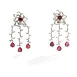 A pair of pink tourmaline and diamond pendent earrings