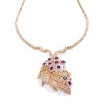 A ruby and diamond brooch/pendant necklace