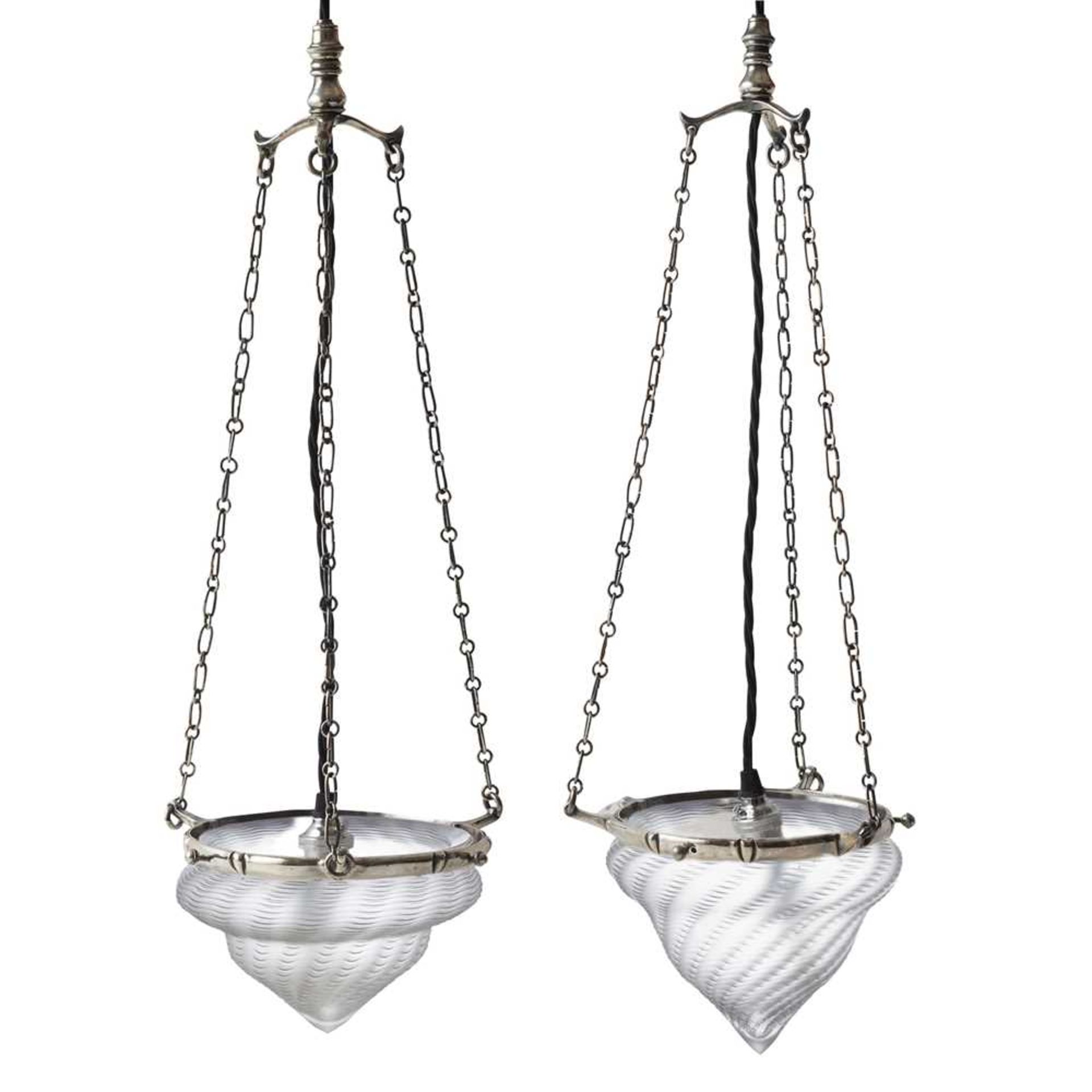 W.A.S. BENSON (1854-1924) AND JAMES POWELL & SONS PAIR OF ARTS & CRAFTS PENDANT LIGHTS, CIRCA 1900