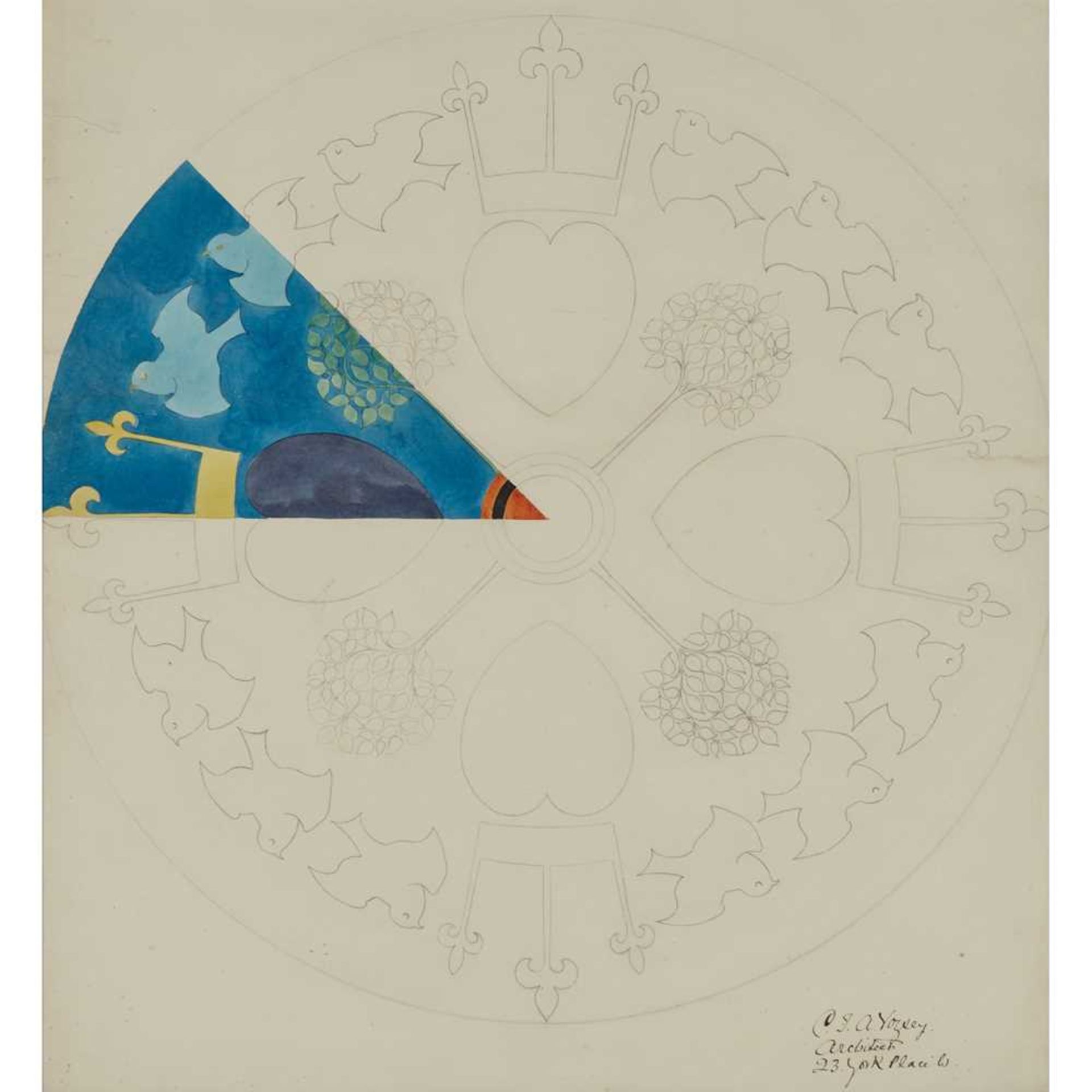 C.F.A. VOYSEY (1857-1941) DESIGN FOR A ROUNDEL WITH HEART, CROWN, BIRD AND TREE