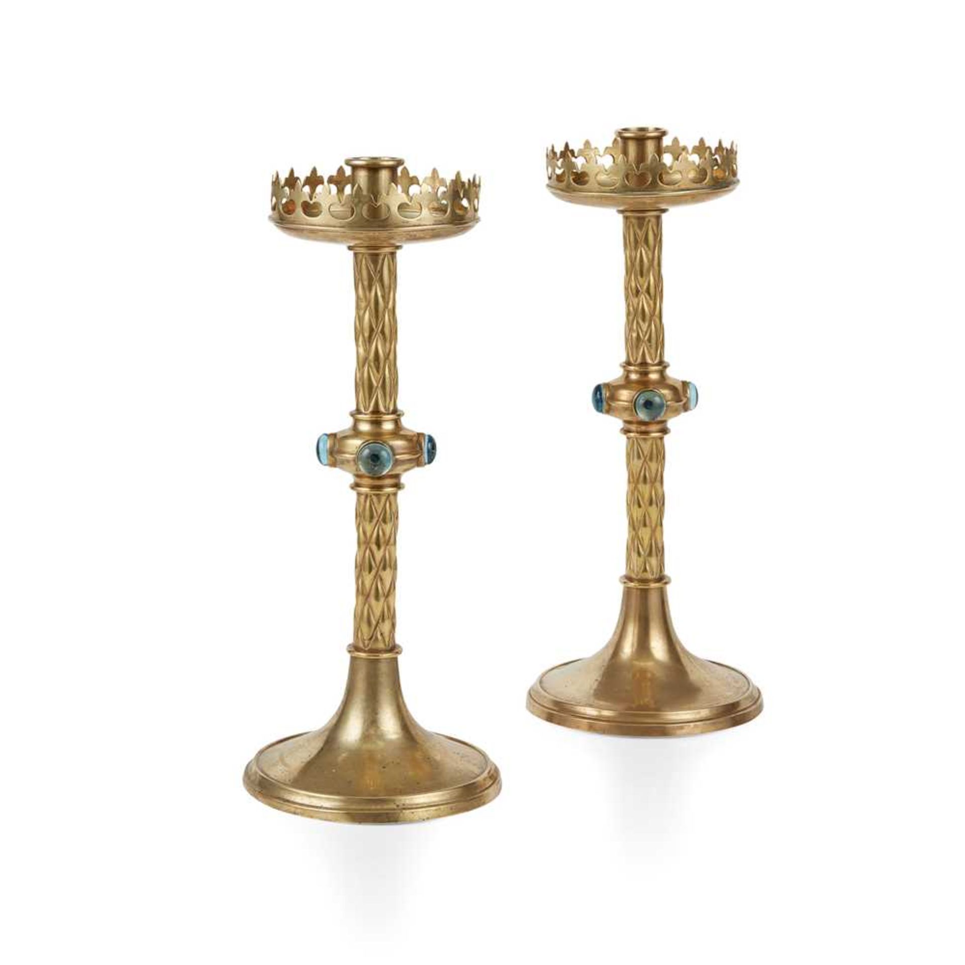 ENGLISH PAIR OF GOTHIC REVIVAL CANDLESTICKS, CIRCA 1870