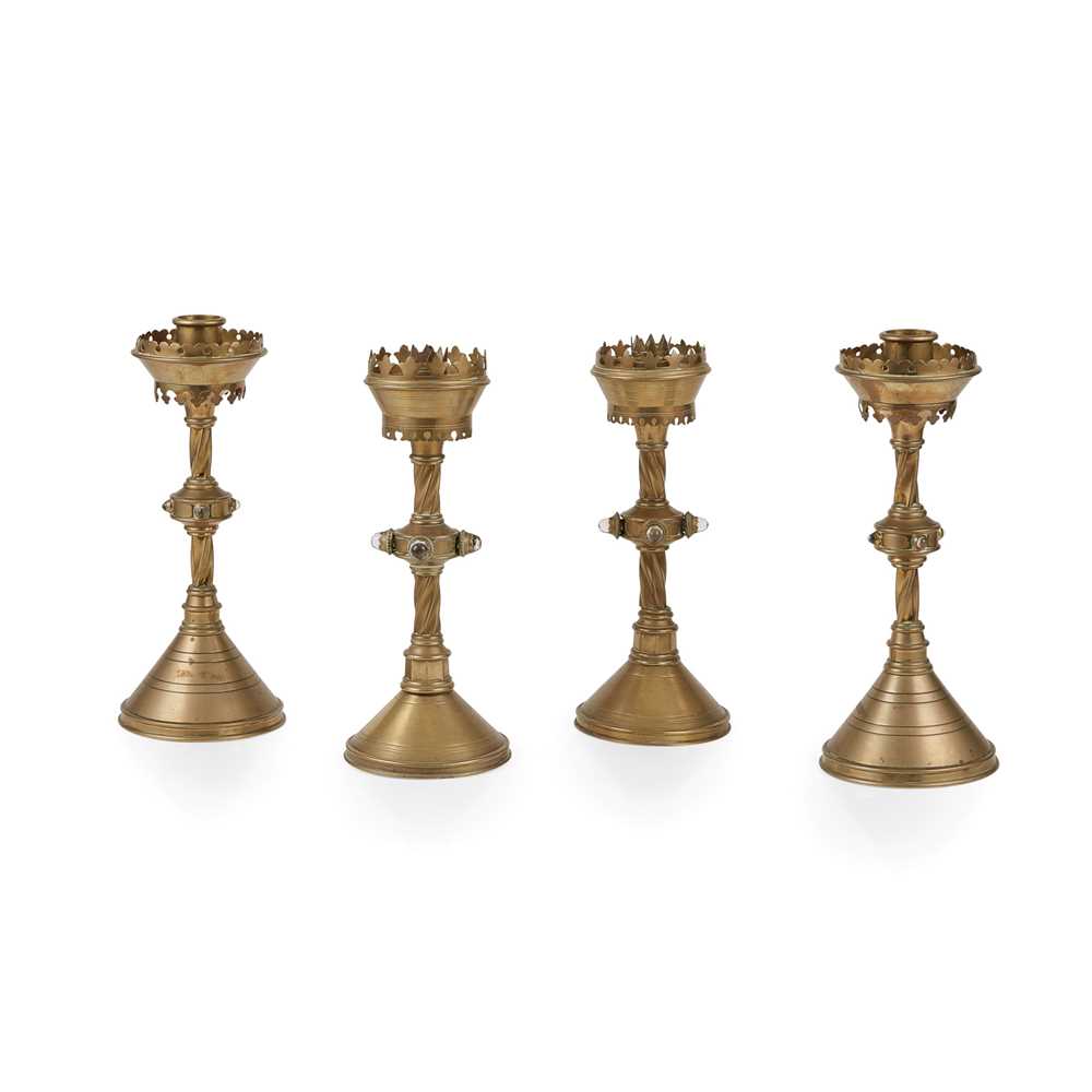 ENGLISH TWO PAIRS OF GOTHIC REVIVAL CANDLESTICKS, CIRCA 1880