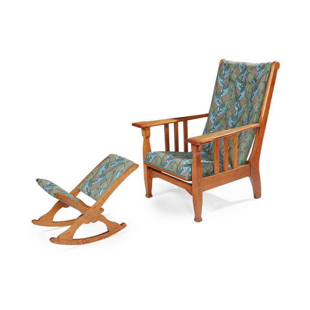 MANNER OF LIBERTY & CO., LONDON ARTS & CRAFTS RECLINING ARMCHAIR, AND ASSOCIATED STOOL, CIRCA 1910 - Image 2 of 2