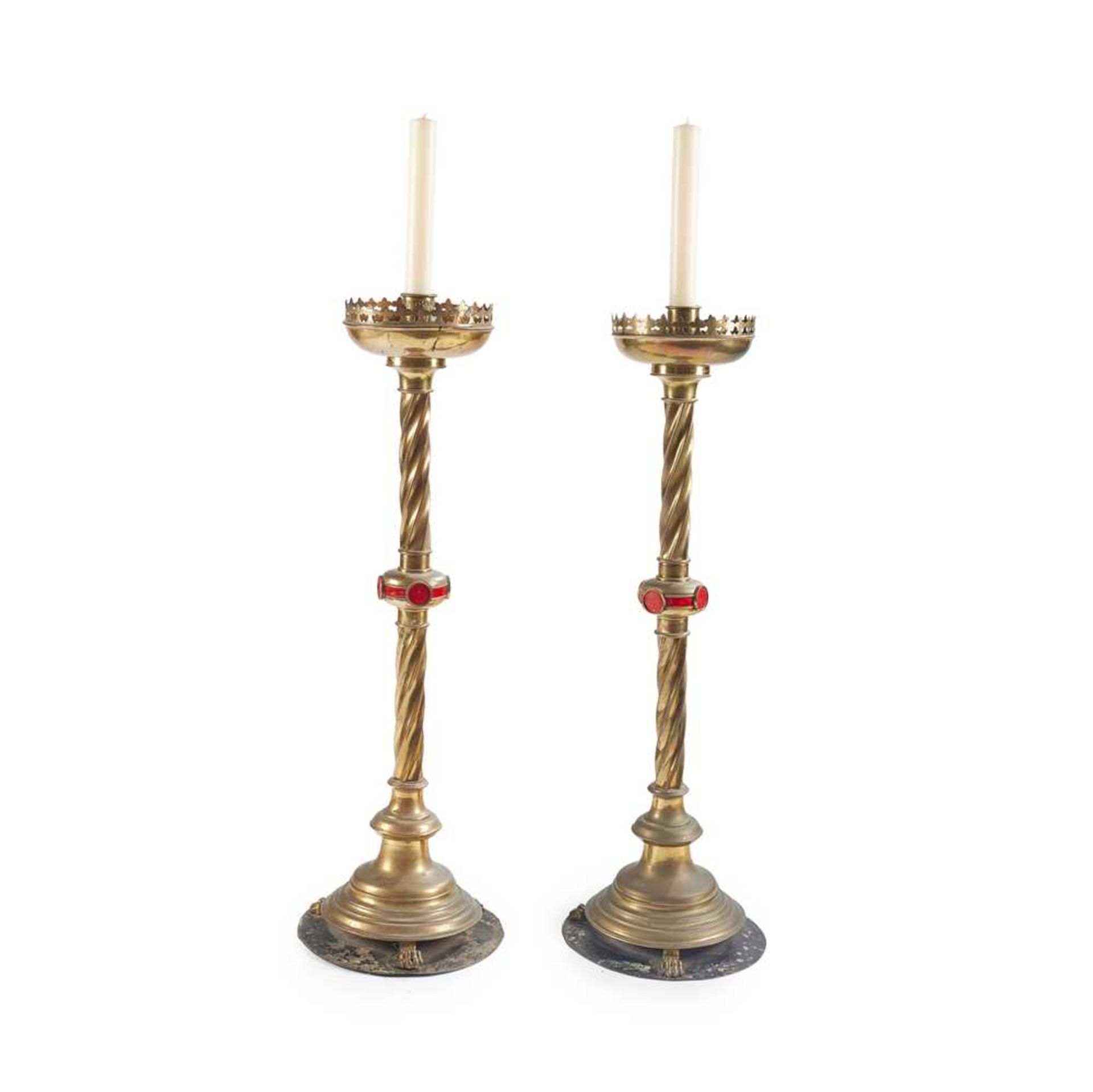 ENGLISH PAIR OF GOTHIC REVIVAL ALTAR CANDLESTICKS, CIRCA 1870