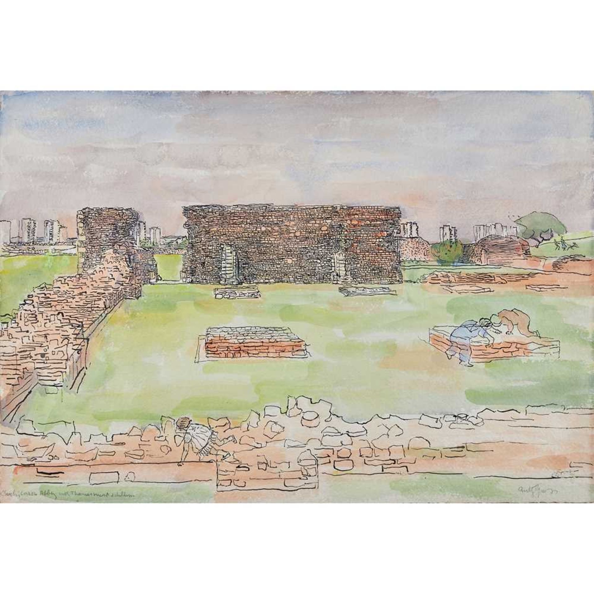 Anthony Gross (British 1905-1984) Church, Lesnes Abbey with Thamesmead and children, circa 1980