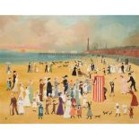 Helen Bradley M.B.E. (British 1900-1979) Blackpool Sands with Punch and Judy Show
