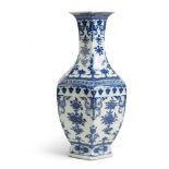 BLUE AND WHITE HEXAGONAL VASE QING DYNASTY, 18TH-19TH CENTURY