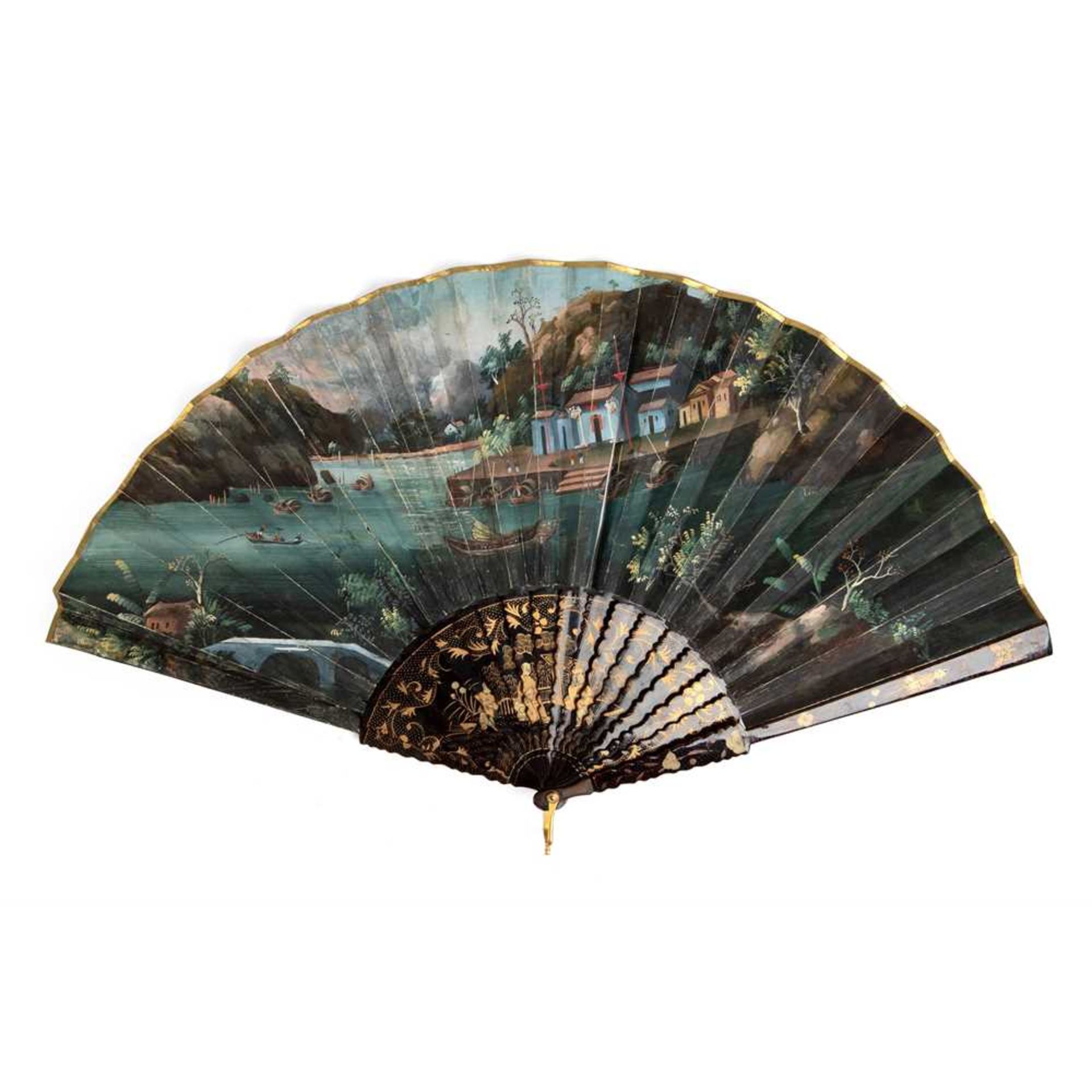 CANTON LACQUERED AND PAPER 'LANDSCAPE' FAN QING DYNASTY, MID-19TH CENTURY
