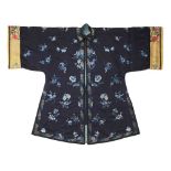 MIDNIGHT-BLUE-GROUND SILK EMBROIDERED LADY'S OVERCOAT LATE QING DYNASTY-REPUBLIC PERIOD, 19TH-20TH C