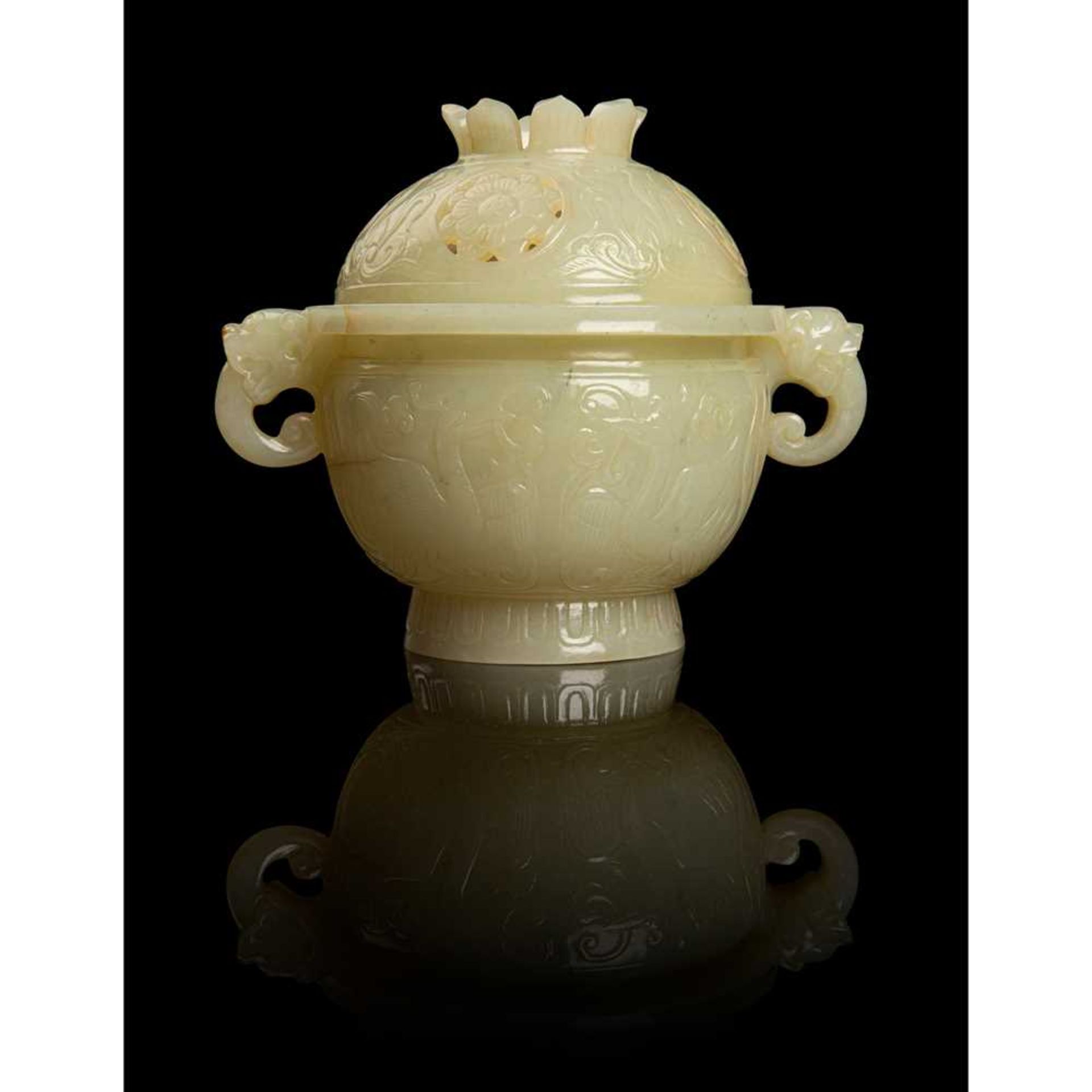 YELLOWISH PALE CELADON JADE CENSER WITH COVER QING DYNASTY, 19TH CENTURY