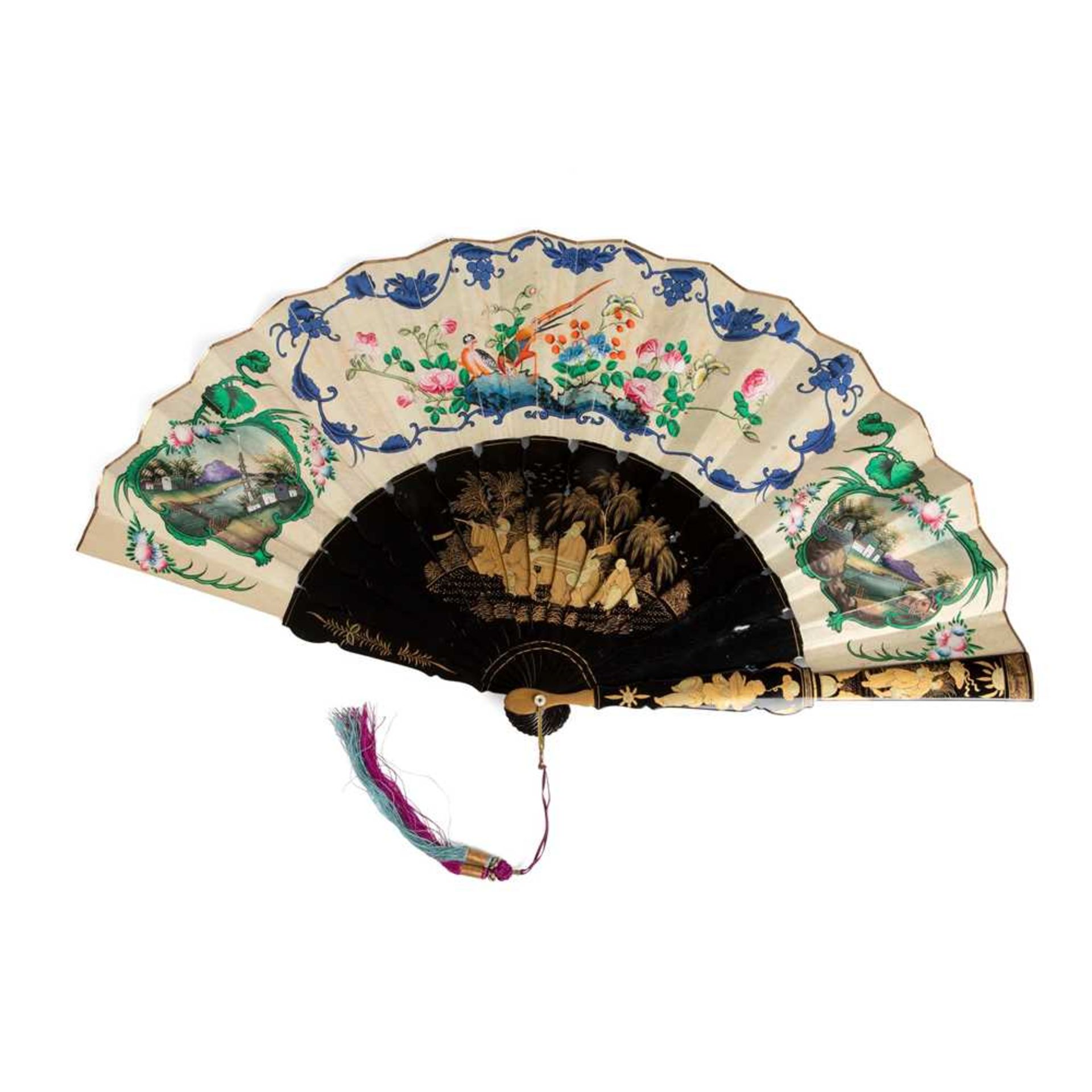 CANTON LACQUERED AND PAPER 'BIRDS AND FLOWERS' FAN WITH BOX QING DYNASTY, 19TH CENTURY - Bild 2 aus 3