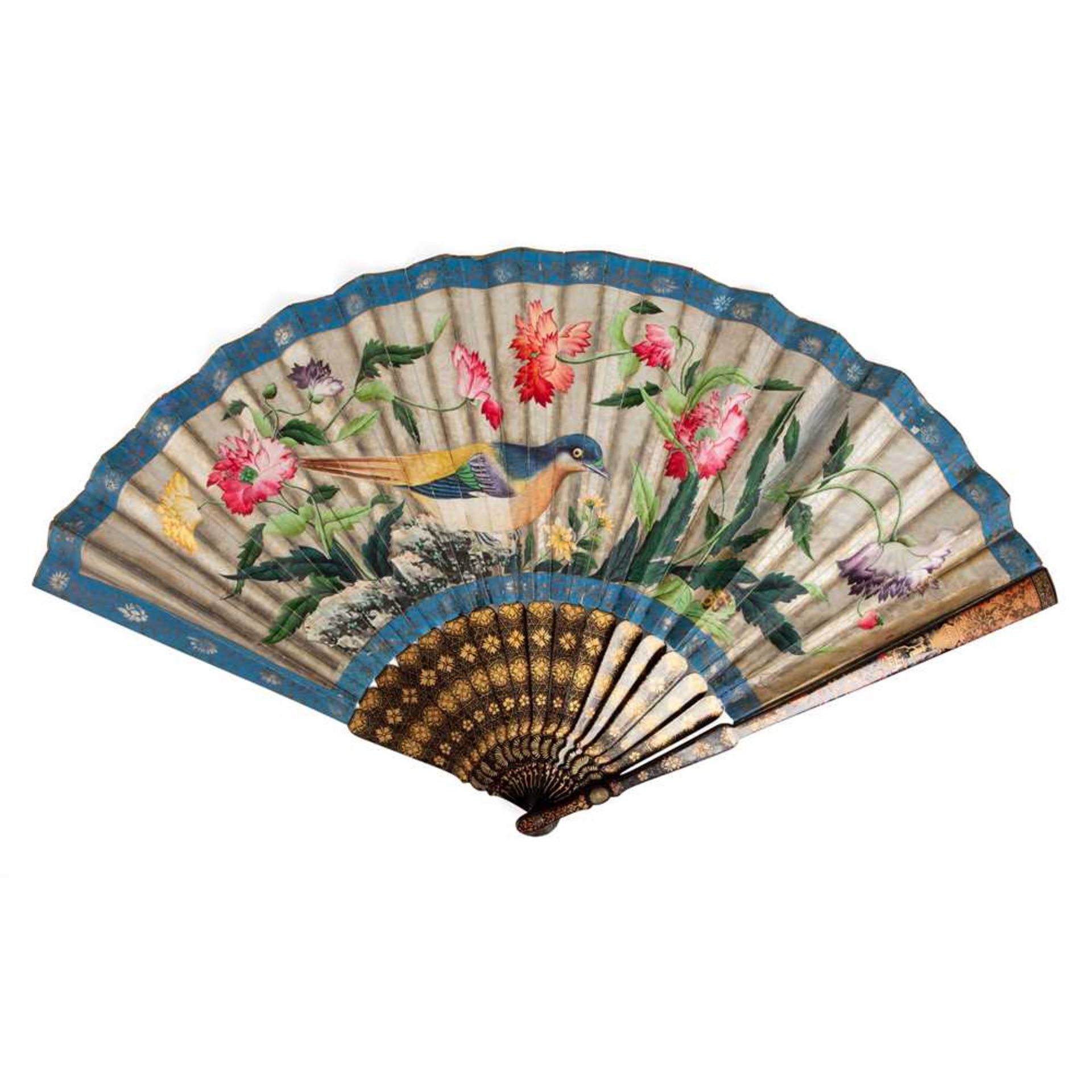 LARGE LACQUERED AND PAPER 'BIRD WITH FLOWER' FAN QING DYNASTY, MID-19TH CENTURY