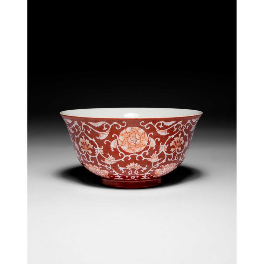 CORAL-GROUND RESERVE-DECORATED 'LOTUS' BOWL QING DYNASTY, QIANLONG MARK AND PERIOD