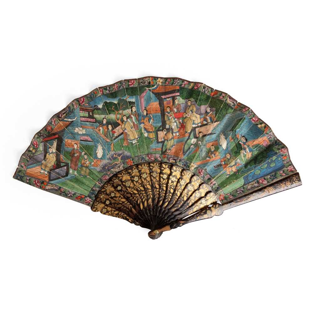 CANTON LACQUERED AND PAPER 'THOUSAND FACES' FAN QING DYNASTY, 19TH CENTURY