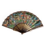 CANTON LACQUERED AND PAPER 'THOUSAND FACES' FAN QING DYNASTY, 19TH CENTURY