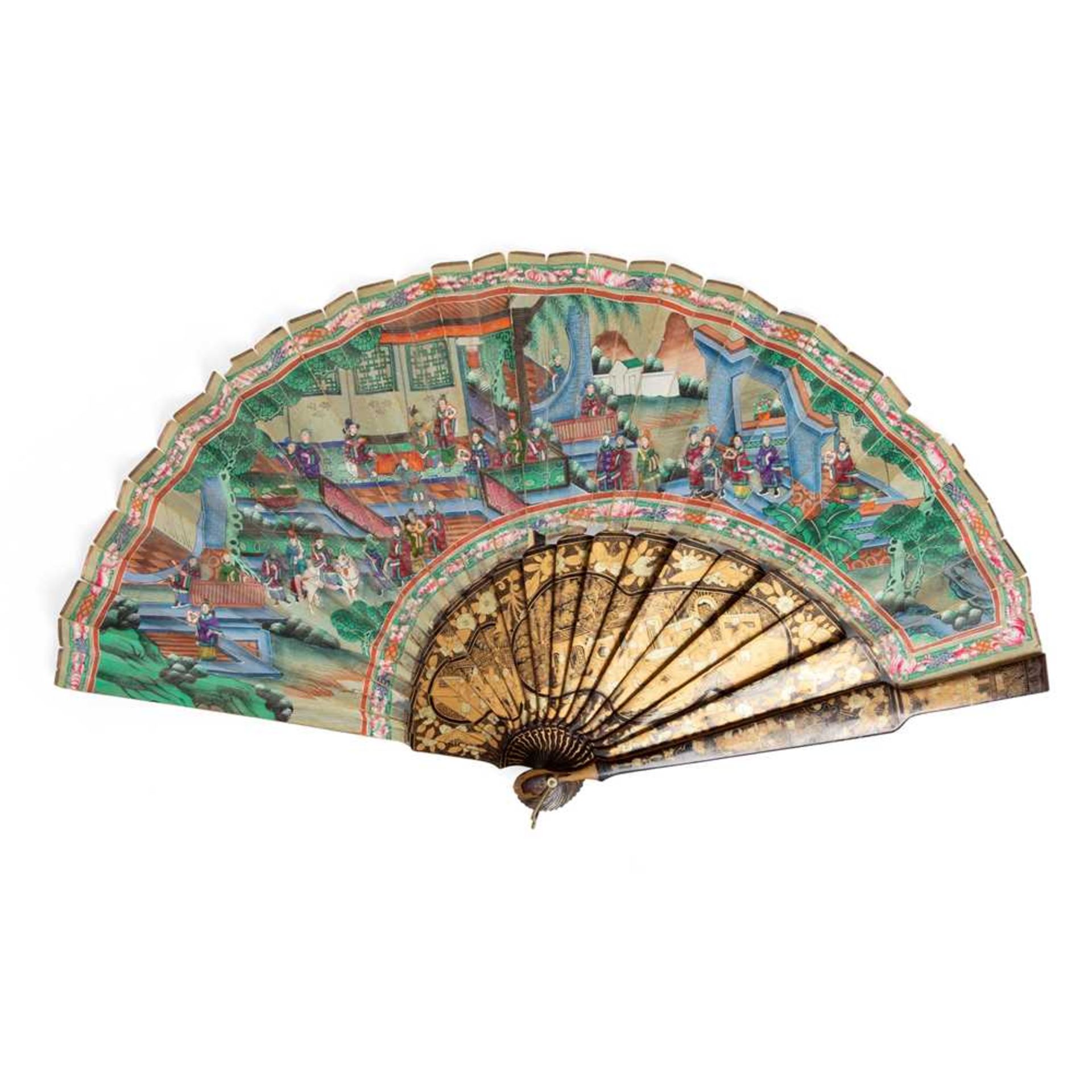 CANTON LACQUERED AND PAPER 'BIRDS AND FLOWERS' ARTICULATED FAN QING DYNASTY, MID-19TH CENTURY