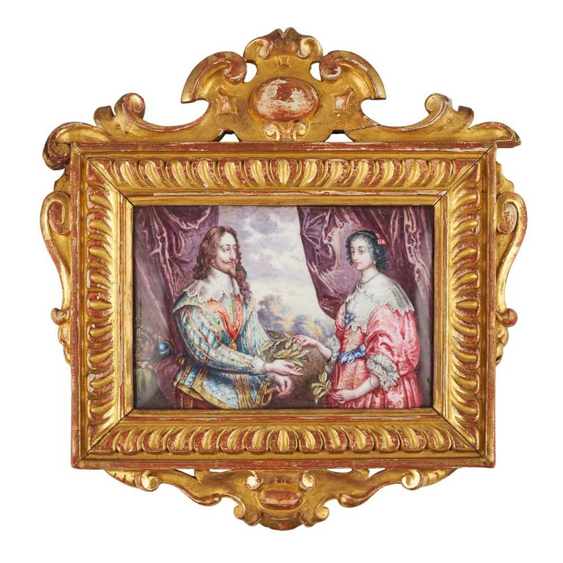 FRENCH ENAMEL ON COPPER PLAQUE, CHARLES I AND HENRIETTA MARIA HOLDING A LAUREL WREATH, AFTER ANTHONY