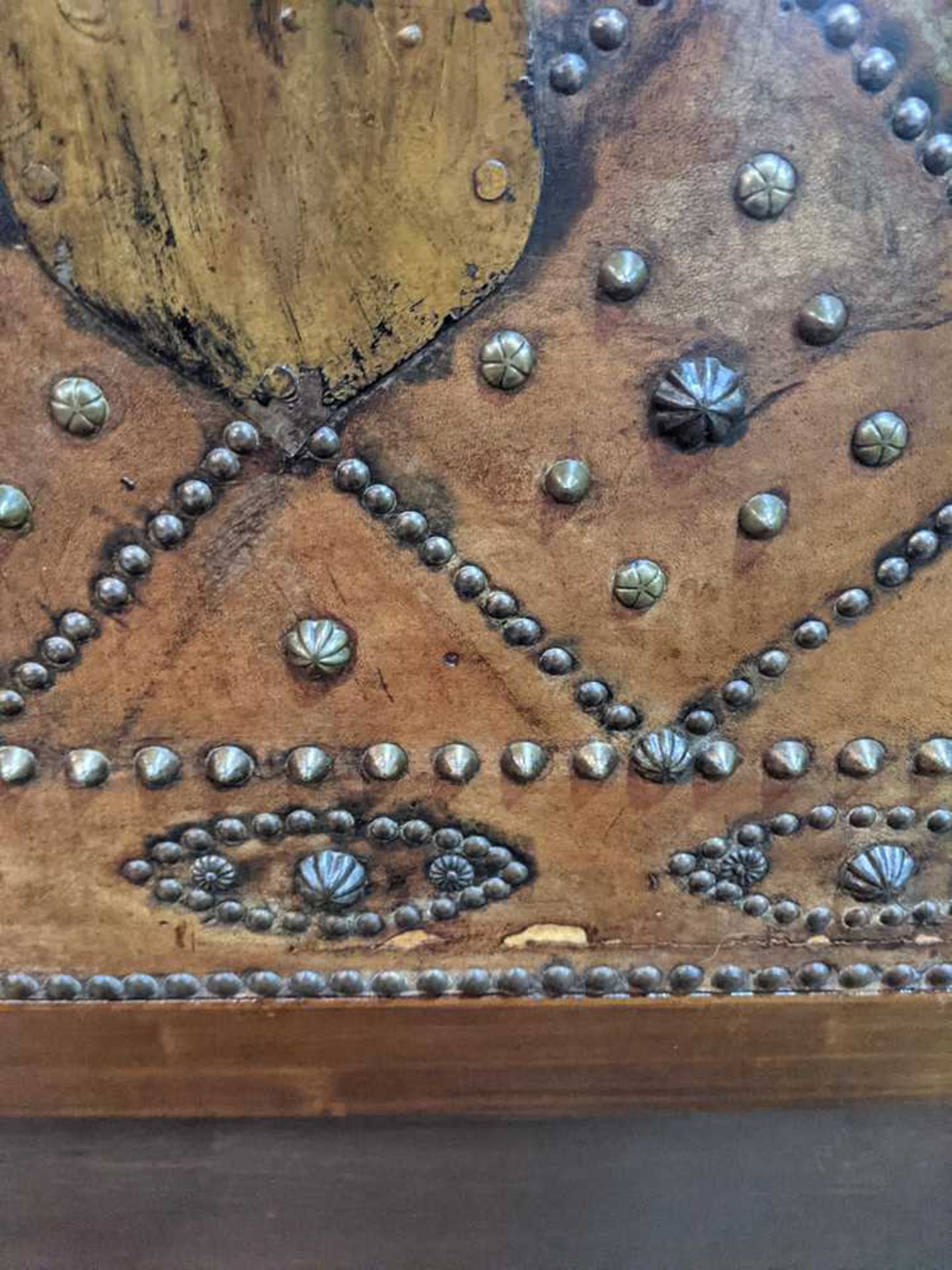 STUDDED DOME-TOP LEATHER CHEST-ON-STAND 18TH CENTURY, THE STAND LATER - Image 6 of 11