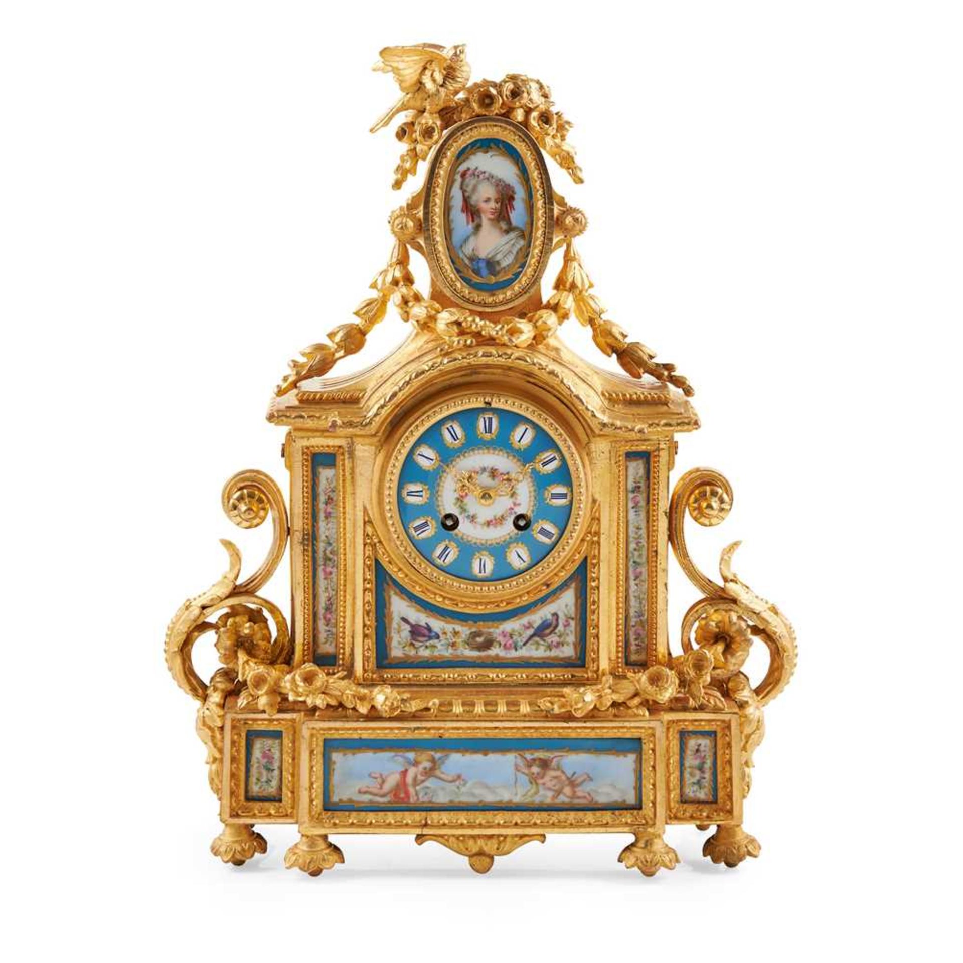 FRENCH GILT BRONZE AND PORCELAIN MOUNTED MANTEL CLOCK, STAMPED P. H. MOUREY 19TH CENTURY