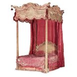 GEORGE I STYLE CRIMSON DAMASK COVERED TESTER BED EARLY 20TH CENTURY, POSSIBLY INCORPORATING EARLIER