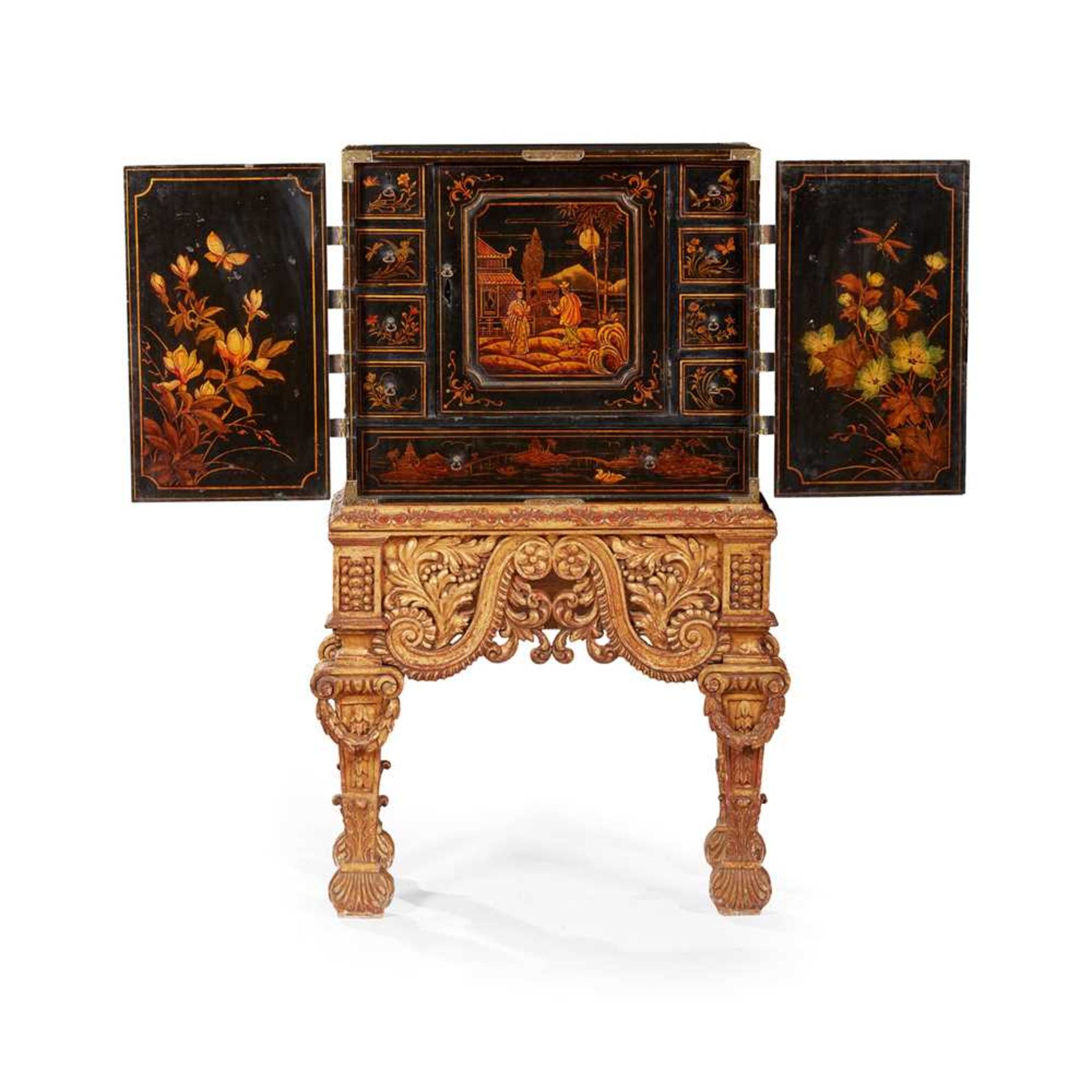 BLACK JAPANNED CHINOISERIE SMALL CABINET-ON-STAND LATE 18TH CENTURY; THE STAND 19TH CENTURY - Image 2 of 3