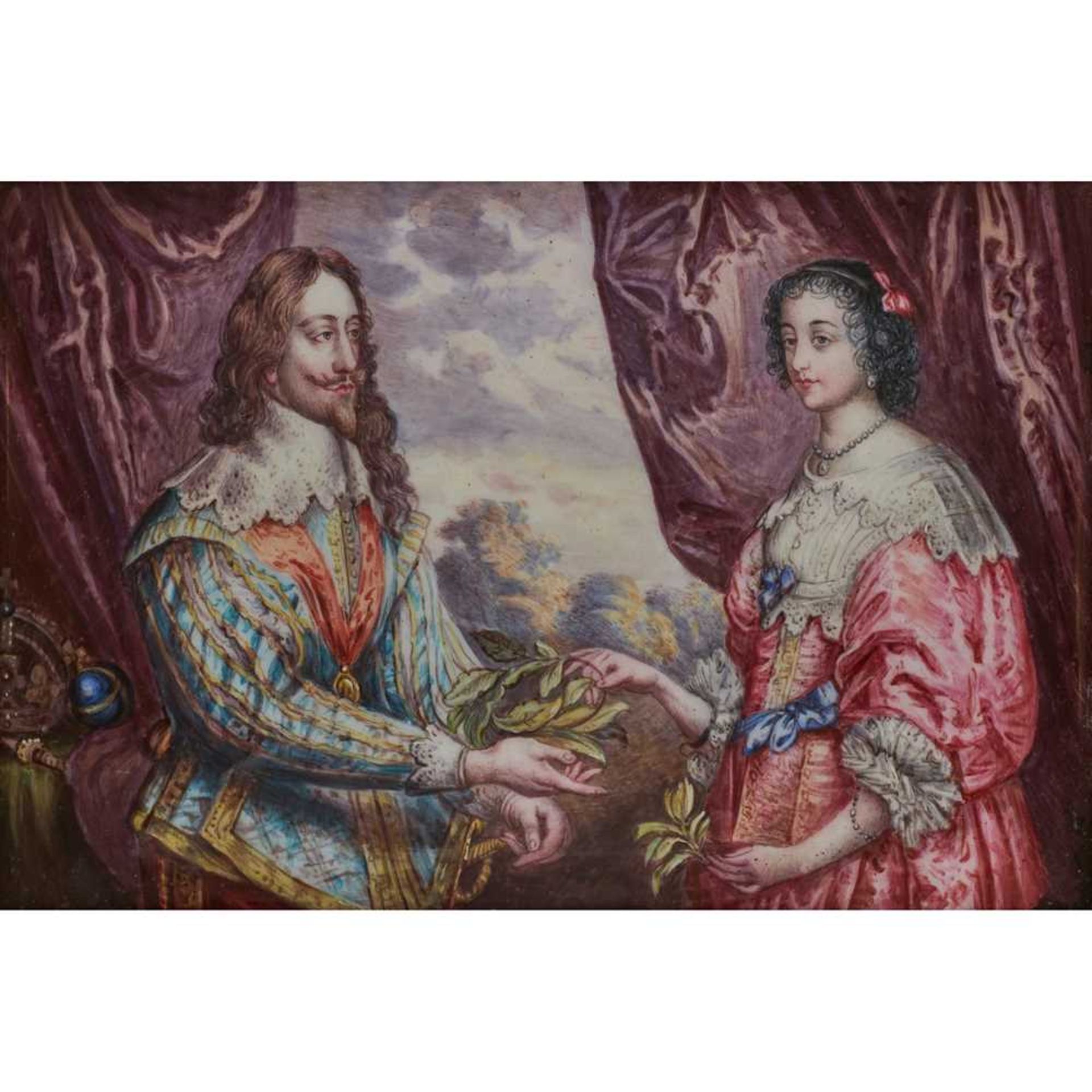FRENCH ENAMEL ON COPPER PLAQUE, CHARLES I AND HENRIETTA MARIA HOLDING A LAUREL WREATH, AFTER ANTHONY - Bild 2 aus 3