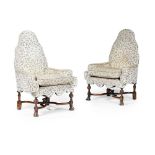 PAIR OF WILLIAM AND MARY STYLE UPHOLSTERED WALNUT ARMCHAIRS LATE 19TH/ EARLY 20TH CENTURY