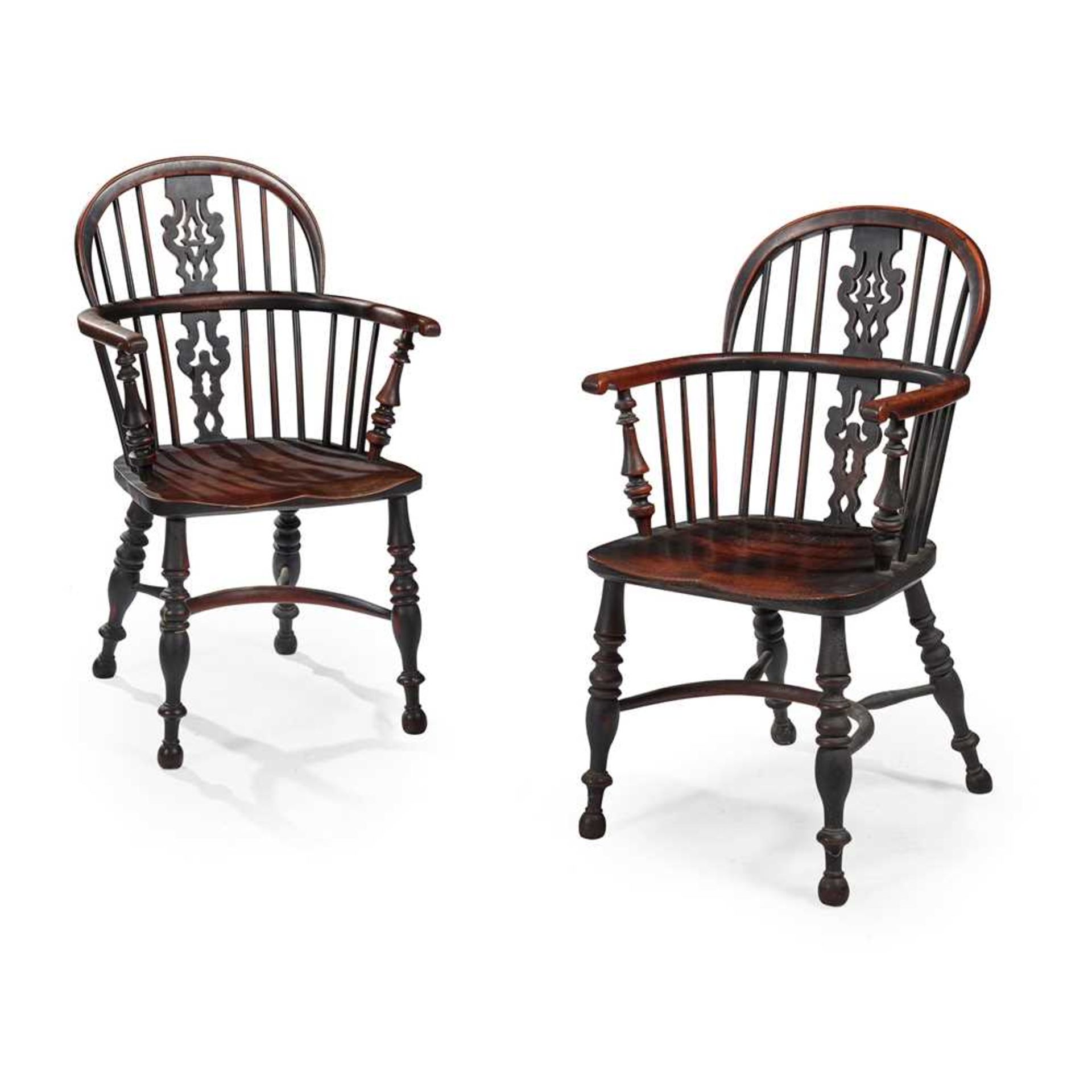 PAIR OF YEW AND ELM LOW WINDSOR ARMCHAIRS LATE 18TH/EARLY 19TH CENTURY