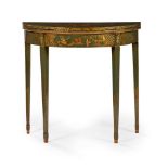 LATE GEORGE III GREEN JAPANNED DEMI-LUNE GAMES TABLE LATE 18TH CENTURY