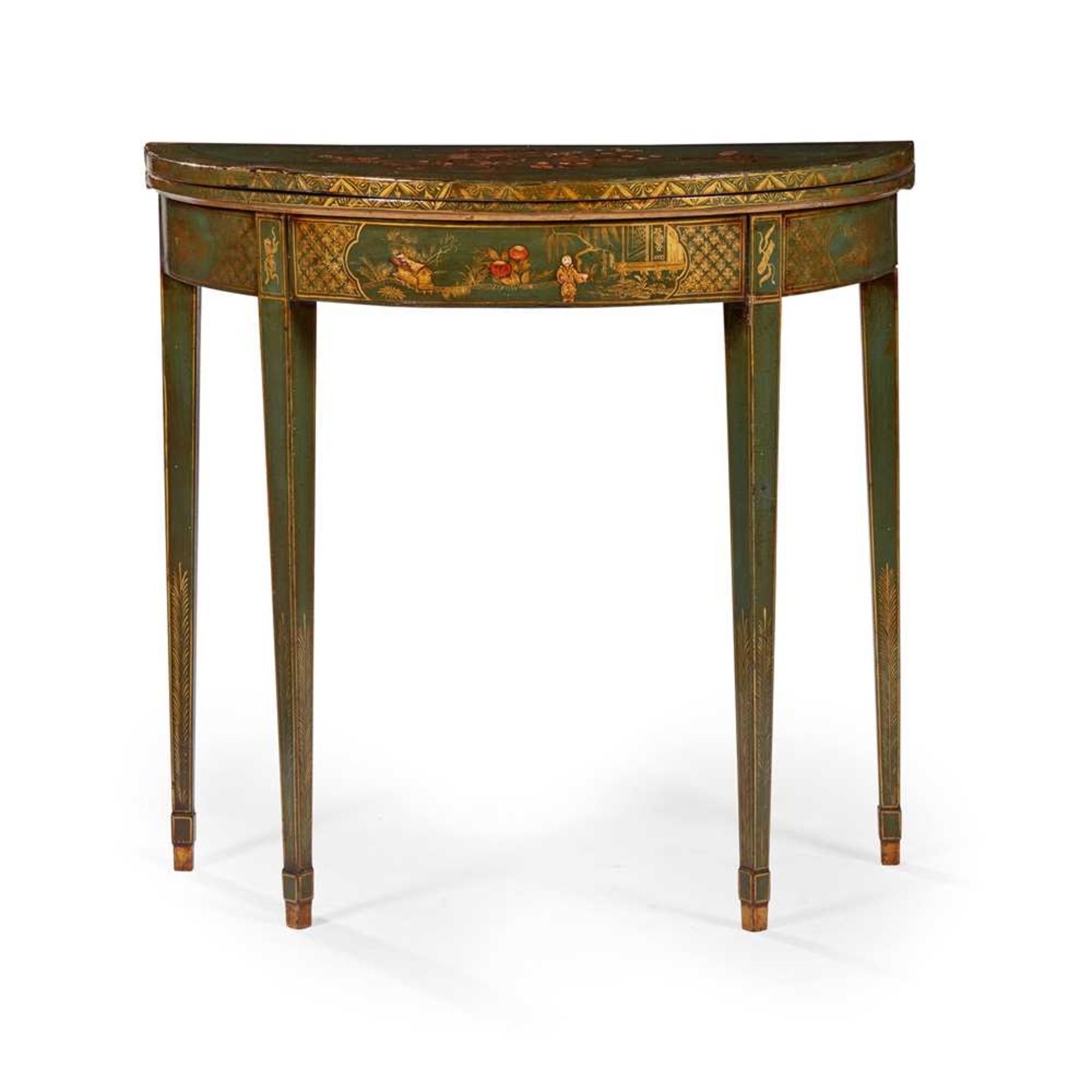 LATE GEORGE III GREEN JAPANNED DEMI-LUNE GAMES TABLE LATE 18TH CENTURY