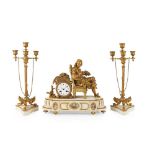 FRENCH GILT METAL AND MARBLE ASSEMBLED THREE-PIECE FIGURAL CLOCK GARNITURE 19TH CENTURY