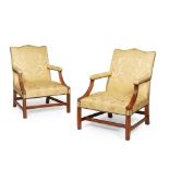 PAIR OF GEORGIAN STYLE MAHOGANY LIBRARY OPEN ARMCHAIRS 19TH CENTURY