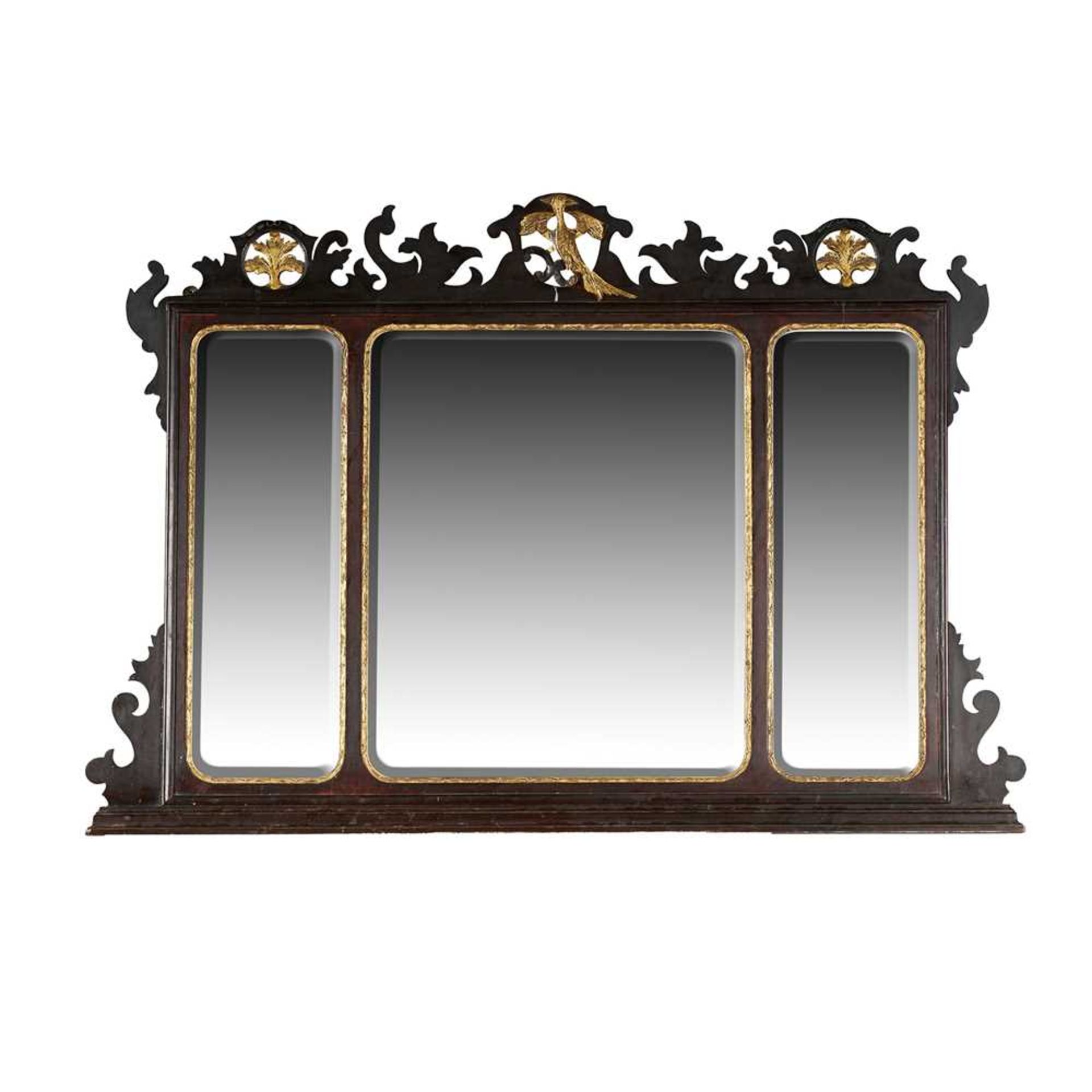 GEORGIAN STYLE STAINED MAHOGANY AND PARCEL GILT TRIPTYCH OVERMANTEL MIRROR 19TH CENTURY