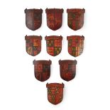 NINE POLYCHROME PAINTED OAK ENGLISH ROYAL HERALDIC SHIELDS 19TH CENTURY